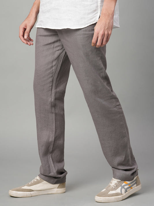 Men's Grey 100% Linen Regular Fit Pant