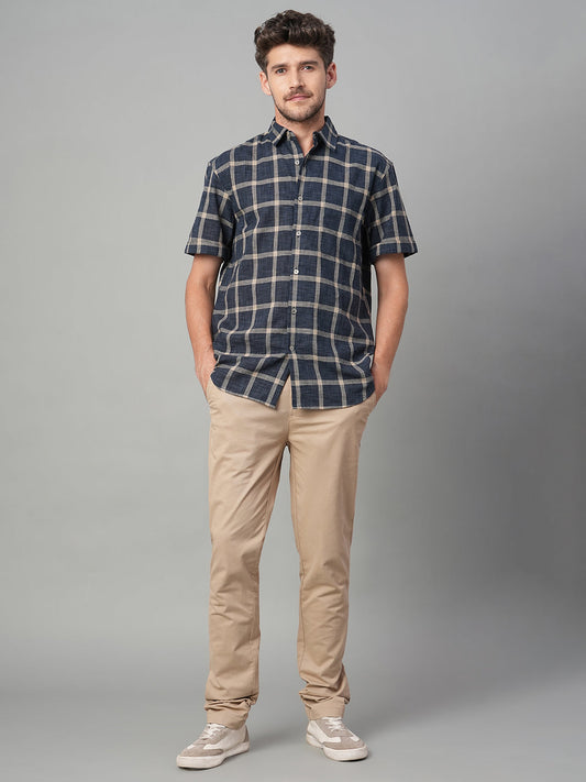 Men's Navy Cotton Linen Regular Fit Shirt
